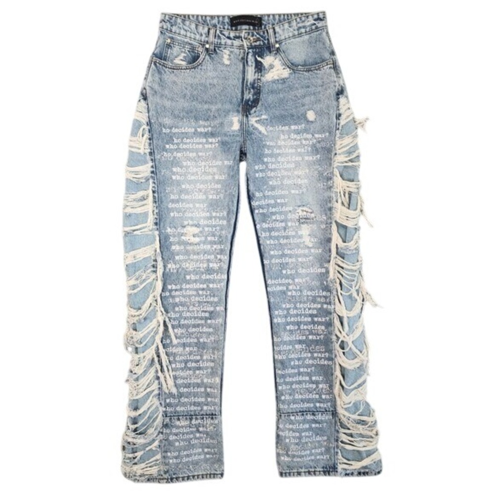 Who Decides War MRDR BRVDO Jeans Mens 32 Blue Distressed Text Crystal Streetwear